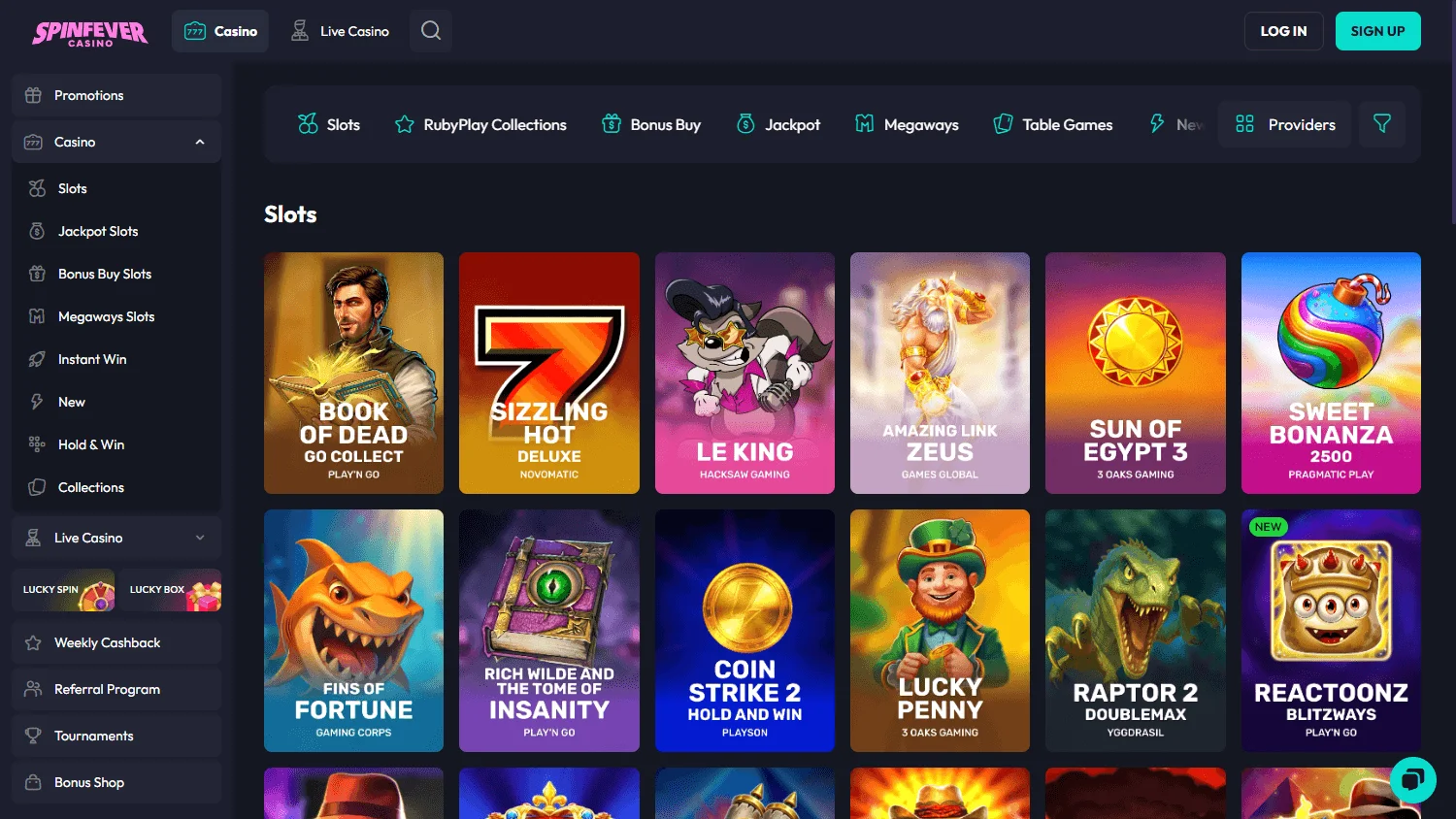 Spinfever Casino desktop games view with casino titles and game categories