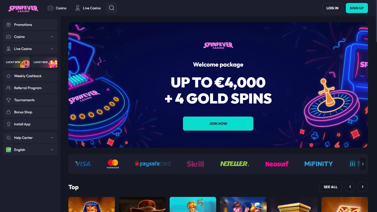 Spinfever Casino desktop home view with the Australian casino offer