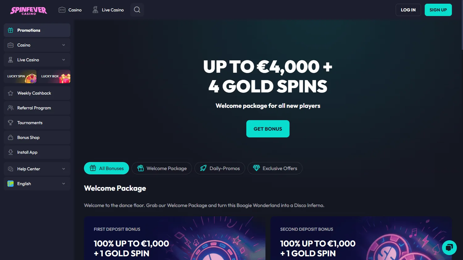 Spinfever Casino desktop promotions view with offers and rewards