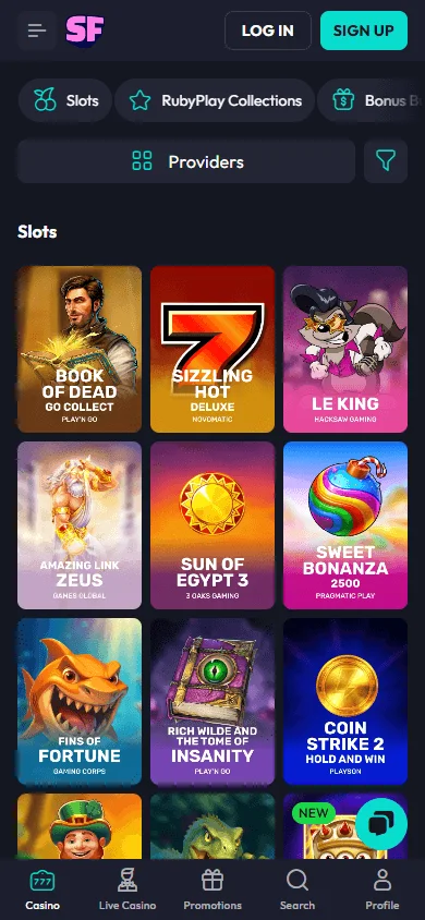 Spinfever Casino mobile games view on a smartphone