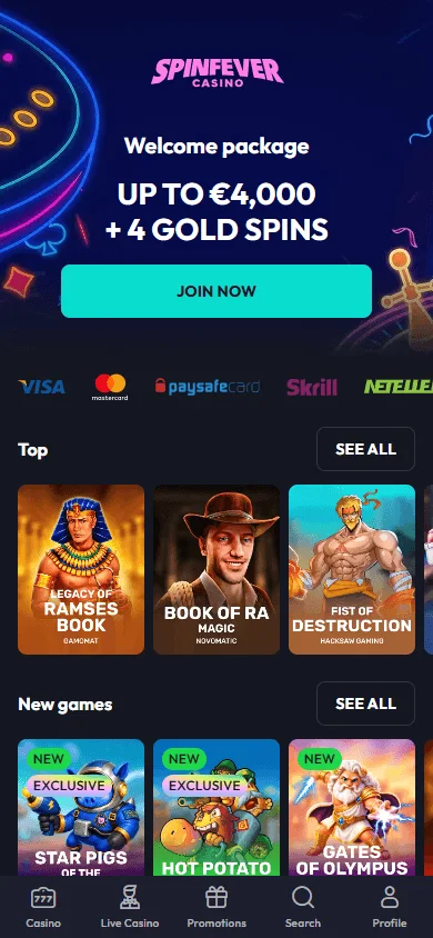 Spinfever Casino mobile home view on a smartphone